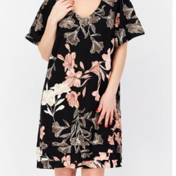 Nicole Miller Original Dress Short Sleeves Pink Floral Knee Length Linen Blend S - Picture 1 of 5